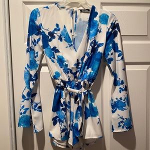 White and Blue Floral Long sleeve Romper